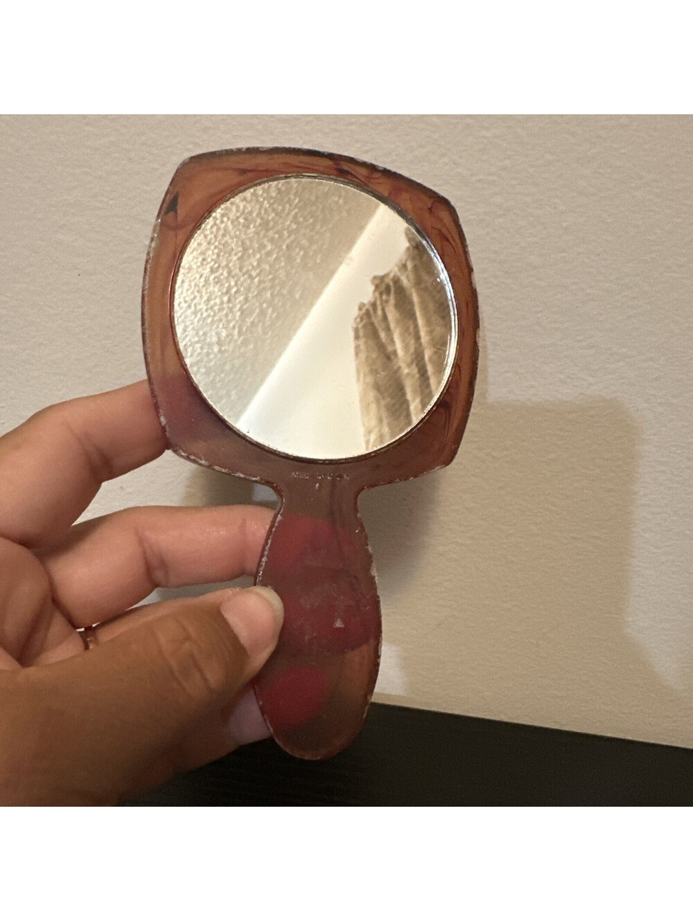 Vintage Retro Hand Held Mirror Plastic Brown Vanity